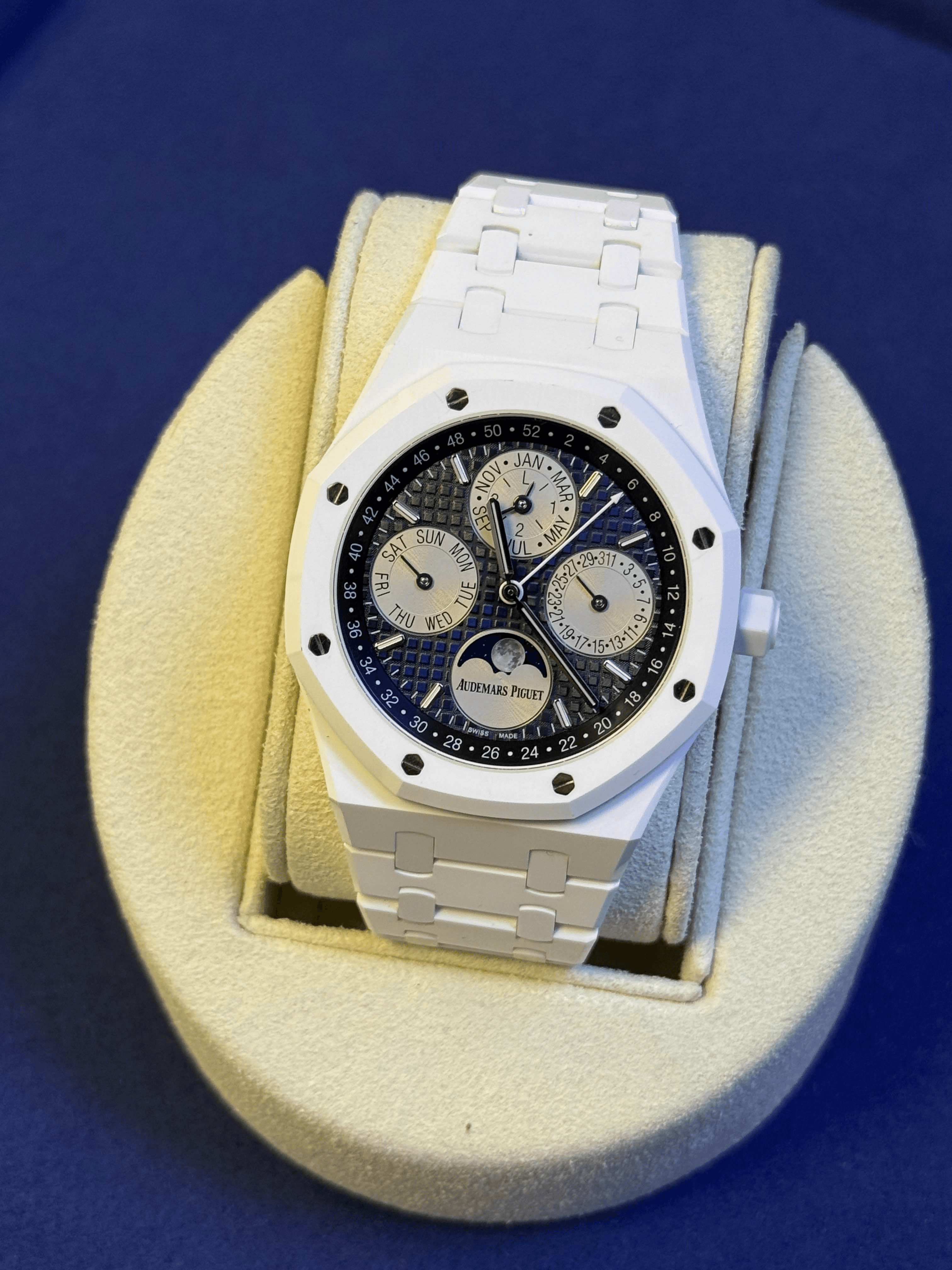 Audemars Piguet Royal Oak Perpetual Calendar white ceramic on bracelet